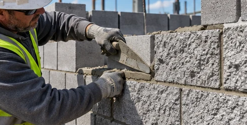 Mason lays rough-textured split-face concrete masonry block, showing the stone-like face and even mortar joints.