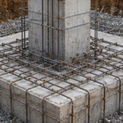 Reinforced concrete spread footing beneath a column, wider than the column to distribute building loads into bearing soil.