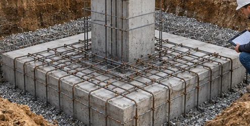 Reinforced concrete spread footing beneath a column, wider than the column to distribute building loads into bearing soil.