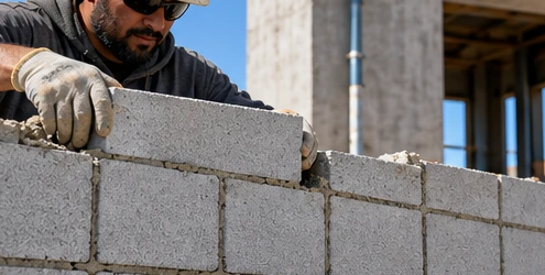 Mason aligns concrete blocks in stack bond, with each vertical joint directly above the next along a modern wall.