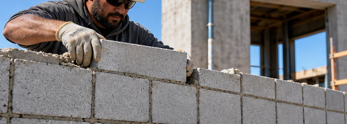 Mason aligns concrete blocks in stack bond, with each vertical joint directly above the next along a modern wall.