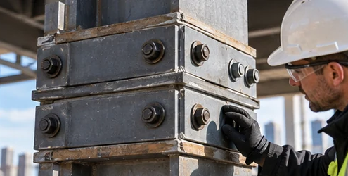 Engineer inspects a bolted steel column splice where stacked vertical structural members align across building levels.