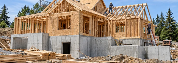 Residential home midway through construction, from the concrete foundation and timber framing to roof sheathing as builders install the roof structure.