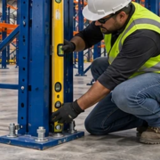 Warehouse storage racking uprights anchored to the slab as a worker checks their alignment and base plates.
