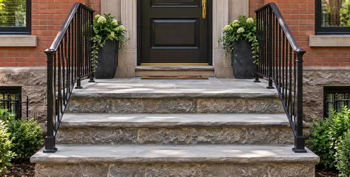 Raised masonry stoop at a townhouse entrance with a broad landing, three steps, and handrails on both sides.