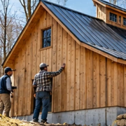 Builders inspect timber siding, the roof vent and evaporator chimney of a maple sugarhouse under construction in a grove.