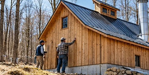 Builders inspect timber siding, the roof vent and evaporator chimney of a maple sugarhouse under construction in a grove.