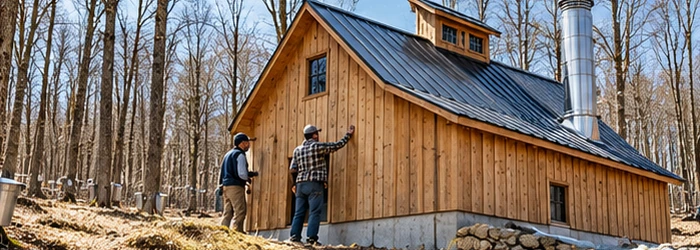 Builders inspect timber siding, the roof vent and evaporator chimney of a maple sugarhouse under construction in a grove.