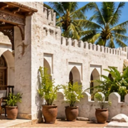Coral-stone coastal courtyard with a carved wooden door, veranda, rooftop terrace, and palms illustrating Swahili architecture.