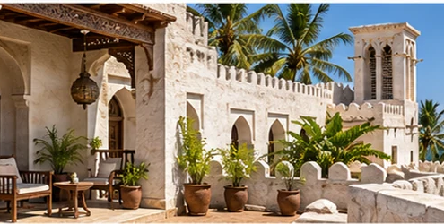 Coral-stone coastal courtyard with a carved wooden door, veranda, rooftop terrace, and palms illustrating Swahili architecture.