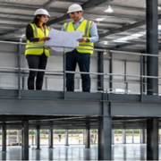 Architect and site manager review plans on a steel mezzanine overlooking a warehouse floor, showing an intermediate level that uses the building’s vertical space.