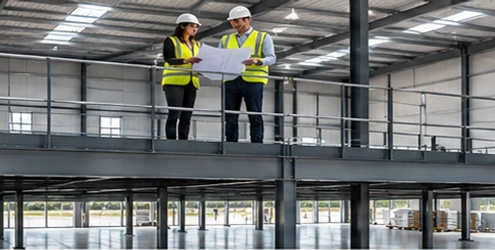 Architect and site manager review plans on a steel mezzanine overlooking a warehouse floor, showing an intermediate level that uses the building’s vertical space.