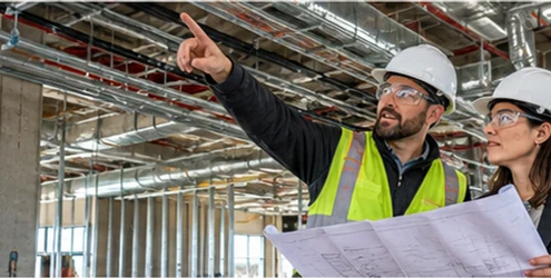 Systems engineer points to overhead building services while an architect reviews plans at an active construction site.