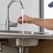 Plumber tests a kitchen faucet while supply lines and drain connections remain visible.