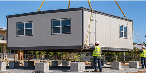 Crane lowers a prefabricated classroom module beside a school while workers guide the installation.