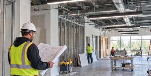 Commercial tenant improvement in progress as a contractor reviews plans while partitions, HVAC, and lighting are installed in a leased office.