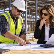 Texas commercial construction site with contractor and property owner reviewing project plans, an invoice and calculator to track sales tax and building costs.