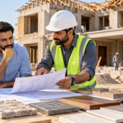 Homeowner and builder review a house construction budget beside the unfinished home and material samples.