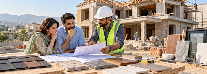 Homeowner and builder review a house construction budget beside the unfinished home and material samples.