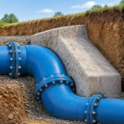 Cutaway of a buried pressurized water-main elbow restrained by a concrete thrust block bearing against firm soil.