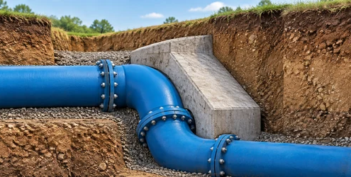 Cutaway of a buried pressurized water-main elbow restrained by a concrete thrust block bearing against firm soil.