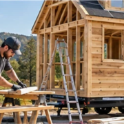 Builder works on a compact tiny house on a trailer, showing framing and construction materials during the build.