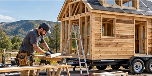 Builder works on a compact tiny house on a trailer, showing framing and construction materials during the build.