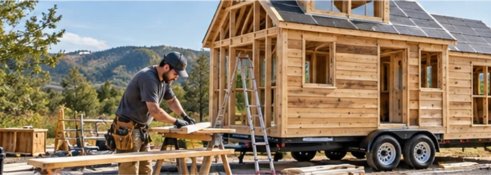 Builder works on a compact tiny house on a trailer, showing framing and construction materials during the build.
