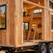 Carpenter measures a compact timber tiny house under construction on a trailer, with an efficient loft inside.