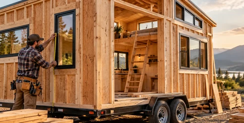 Carpenter measures a compact timber tiny house under construction on a trailer, with an efficient loft inside.