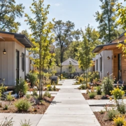 Builder finishes a compact modular home beside a landscaped shared walkway in a small transitional housing community.