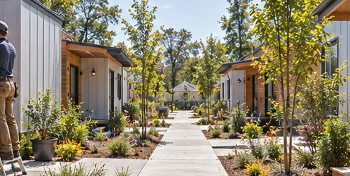 Builder finishes a compact modular home beside a landscaped shared walkway in a small transitional housing community.