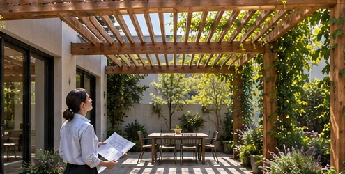 Architect reviews a timber trellis integrated with a home courtyard, showing how the structure filters sunlight and supports climbing plants.