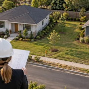 Two detached houses share one surveyed parcel while an architect and surveyor review a site plan.