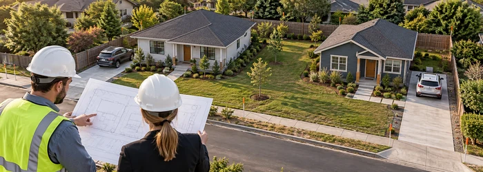 Two detached houses share one surveyed parcel while an architect and surveyor review a site plan.