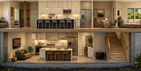 Cutaway home plan showing a main kitchen and a separate second kitchen for multi-generational living.