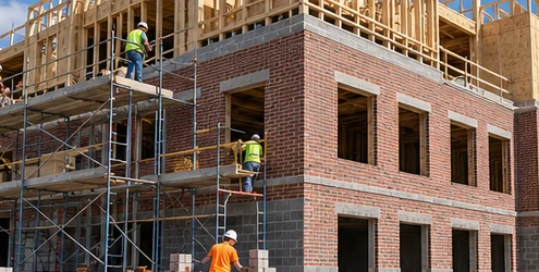 Type III construction site with masonry exterior walls and timber-framed upper structure under scaffold.