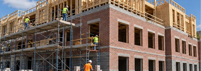 Type III construction site with masonry exterior walls and timber-framed upper structure under scaffold.