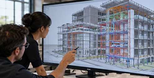 Design team reviews a 3D building model on screen to coordinate design and construction before site work.