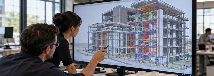 Design team reviews a 3D building model on screen to coordinate design and construction before site work.