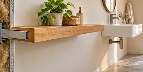 Floating shelf mounted to a wall stud with a concealed metal bracket, beside a wall-mounted basin in a modern room.