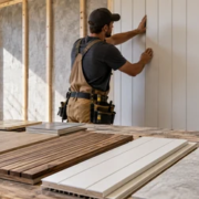 Craftsperson installs wall panels beside wood, painted, and textured panel samples.