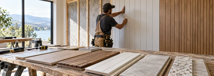 Craftsperson installs wall panels beside wood, painted, and textured panel samples.