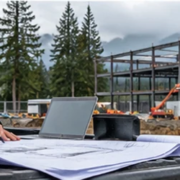 Contractor prepares a commercial project bid with drawings and a laptop at a Pacific Northwest construction site.