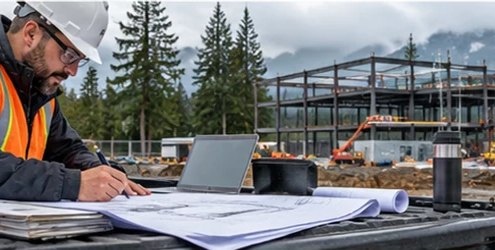 Contractor prepares a commercial project bid with drawings and a laptop at a Pacific Northwest construction site.