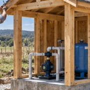 Builder frames a small rural well house around pump equipment and plumbing to protect the well from weather.