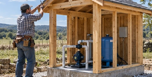 Builder frames a small rural well house around pump equipment and plumbing to protect the well from weather.