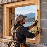 Contractor checking a squared timber buck frame in a masonry window opening before installing the window.