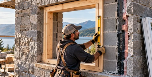 Contractor checking a squared timber buck frame in a masonry window opening before installing the window.