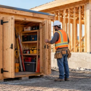 Timber dog house tool shed protecting construction equipment beside a home under construction